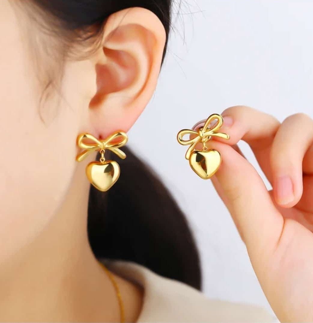 Elegant Gold-Plated Heart Bow Earrings