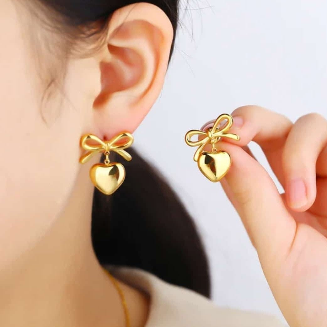 Elegant Gold-Plated Heart Bow Earrings