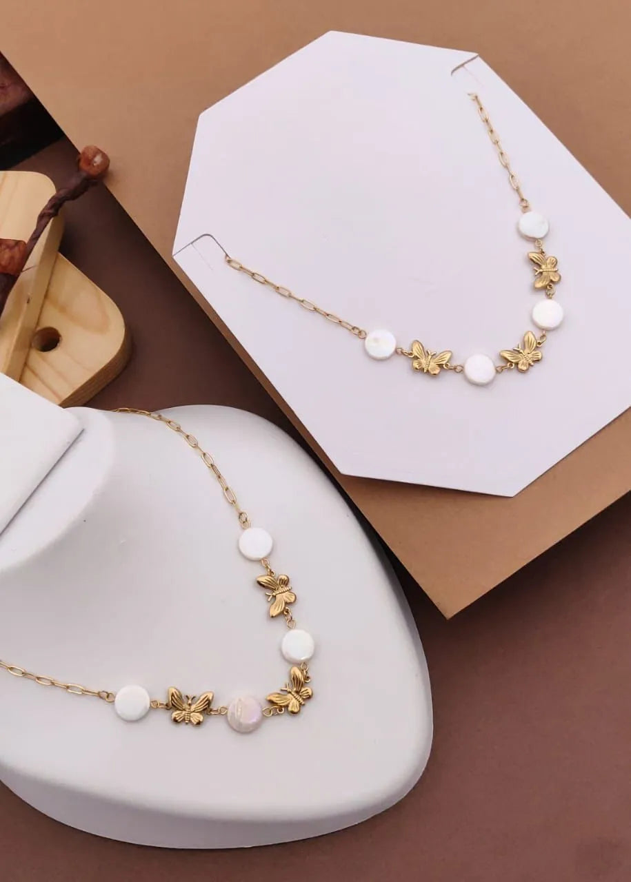Golden Butterfly Pearl Necklace