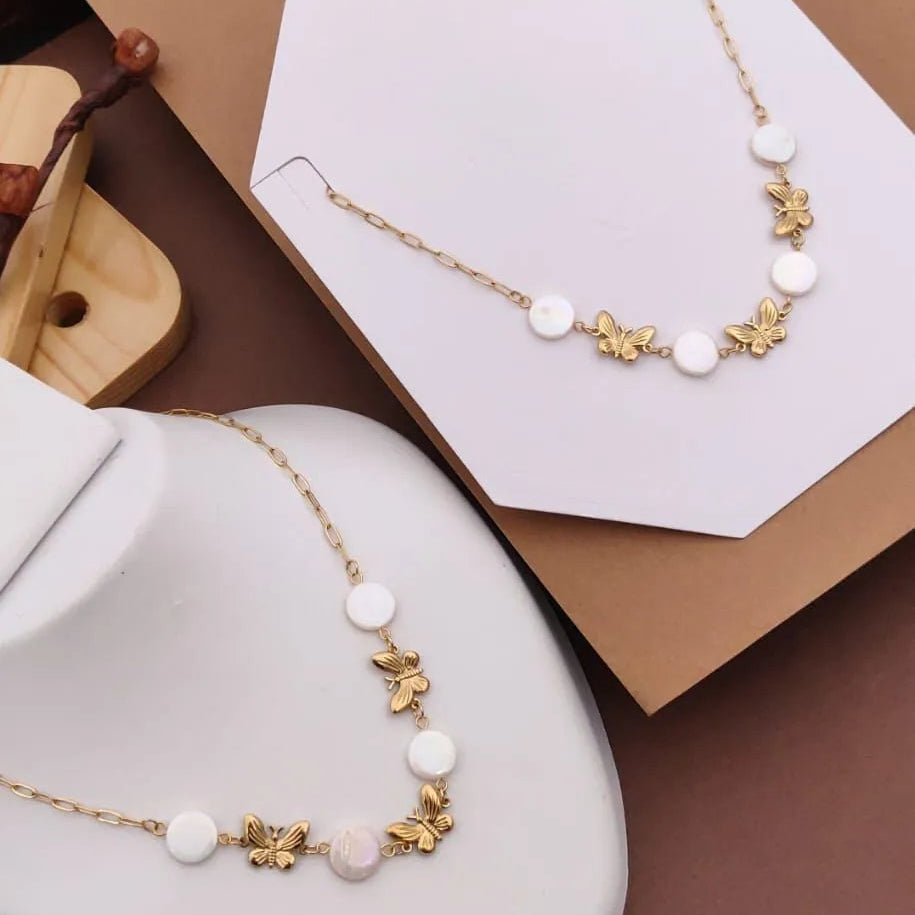 Golden Butterfly Pearl Necklace