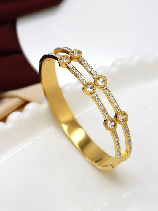 Gold-Plated Dual-Line Zircon Kada Bracelet – Elegant & Timeless