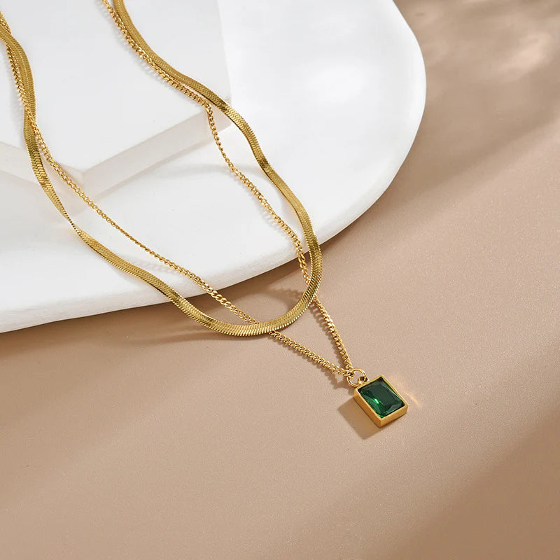Gold-Plated Layered Necklace with Green Stone Pendant