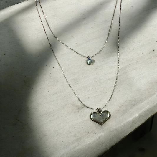 Elegant Silver-Plated Layered Heart & Crystal Pendant Necklace