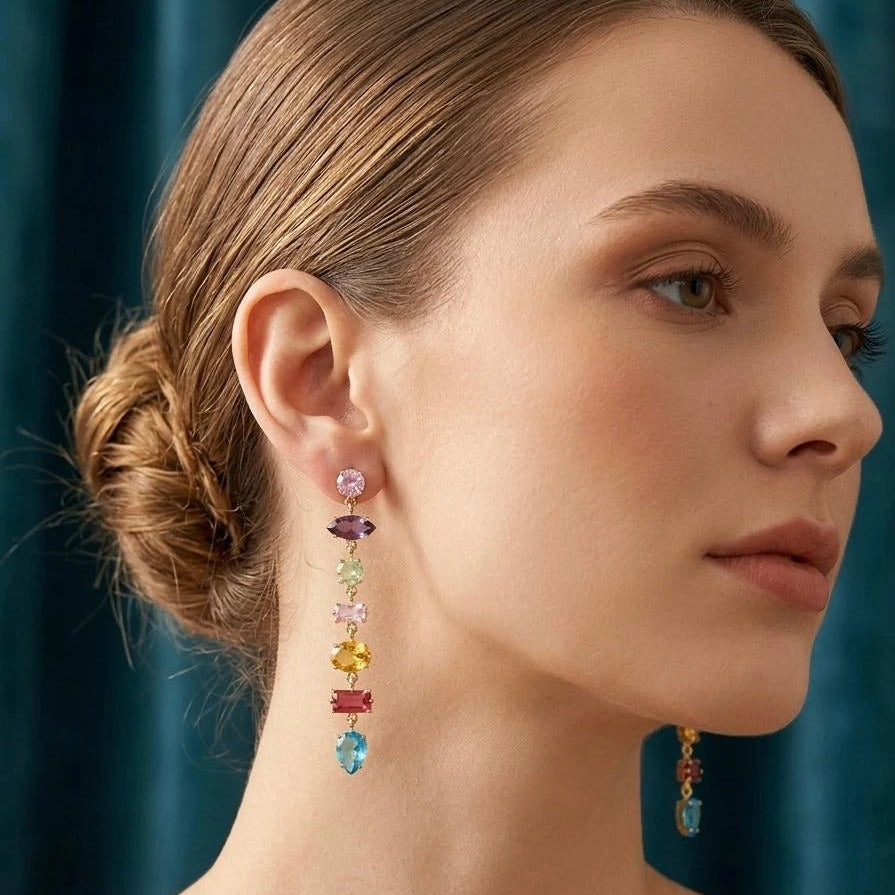 Rainbow Cascade Gem Dangle Earrings