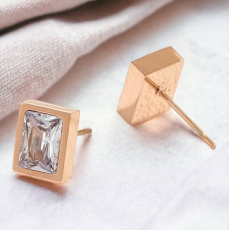 Elegant Rose Gold-Plated Baguette Crystal Stud Earrings