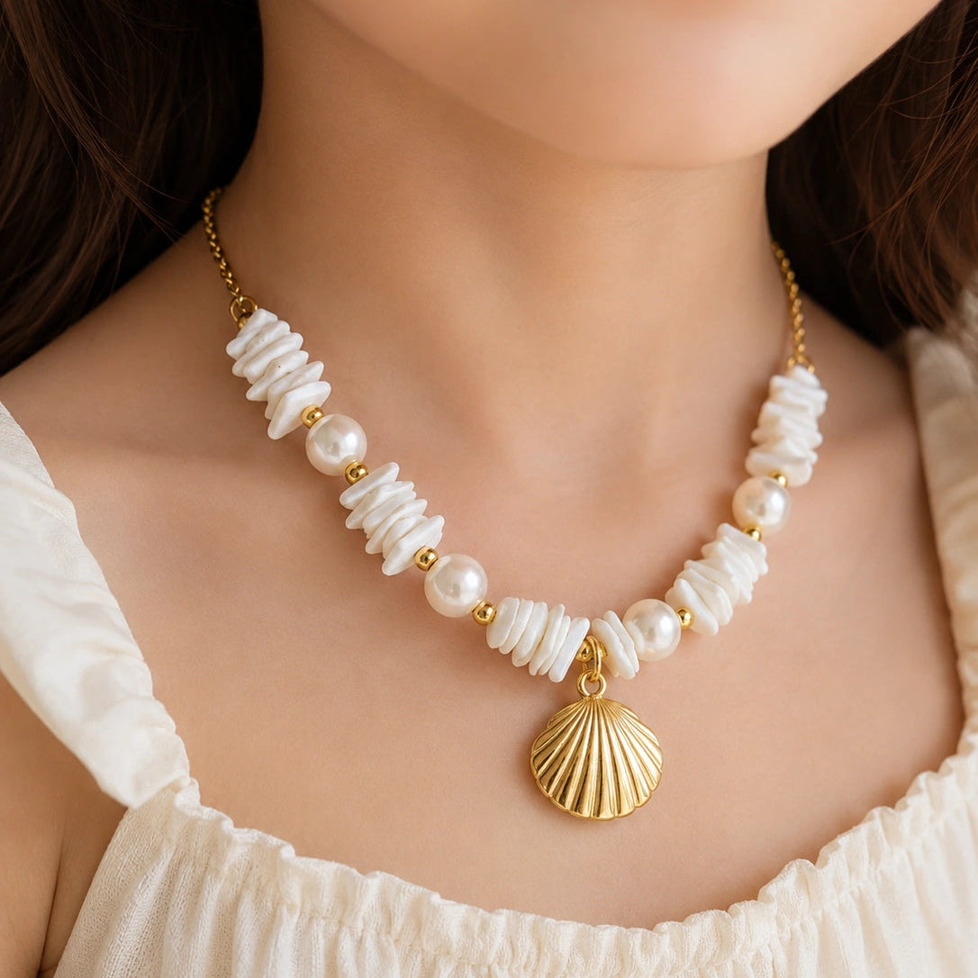 Seashell Pearl Charm Necklace