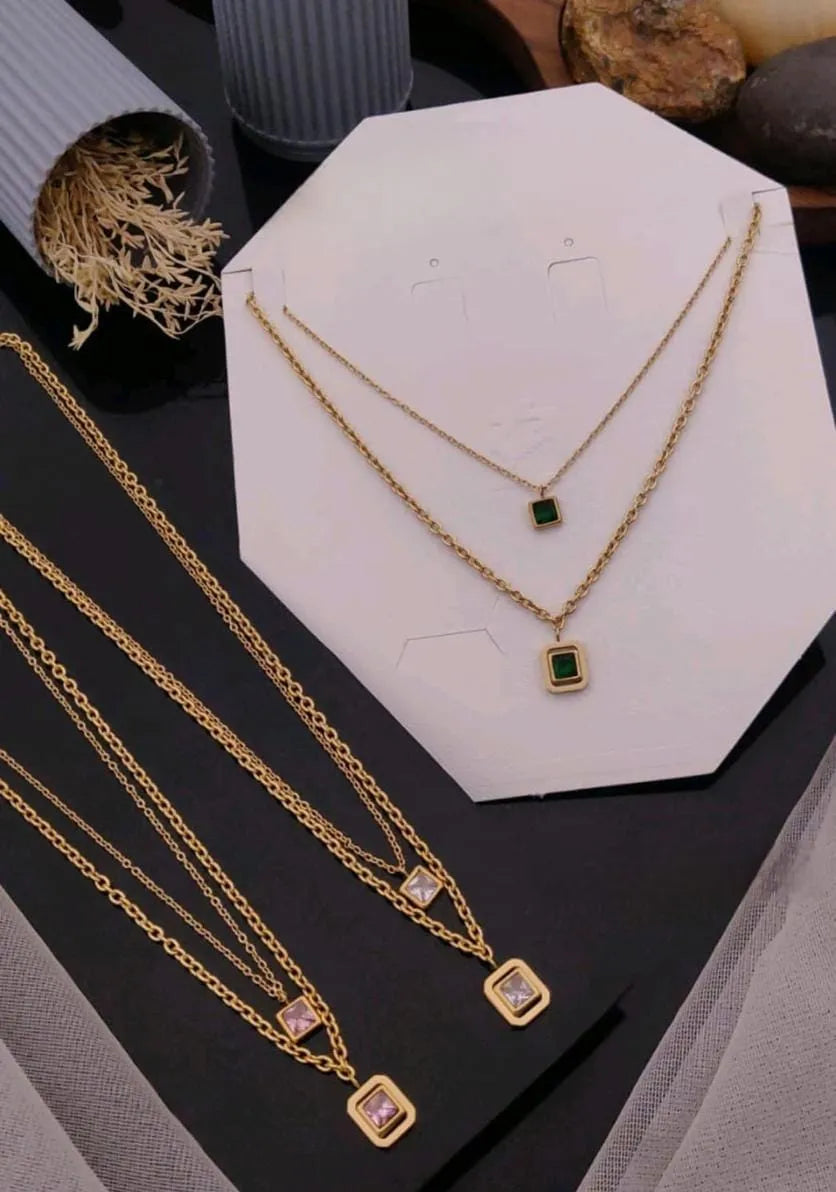Square Gemstone Gold Necklace