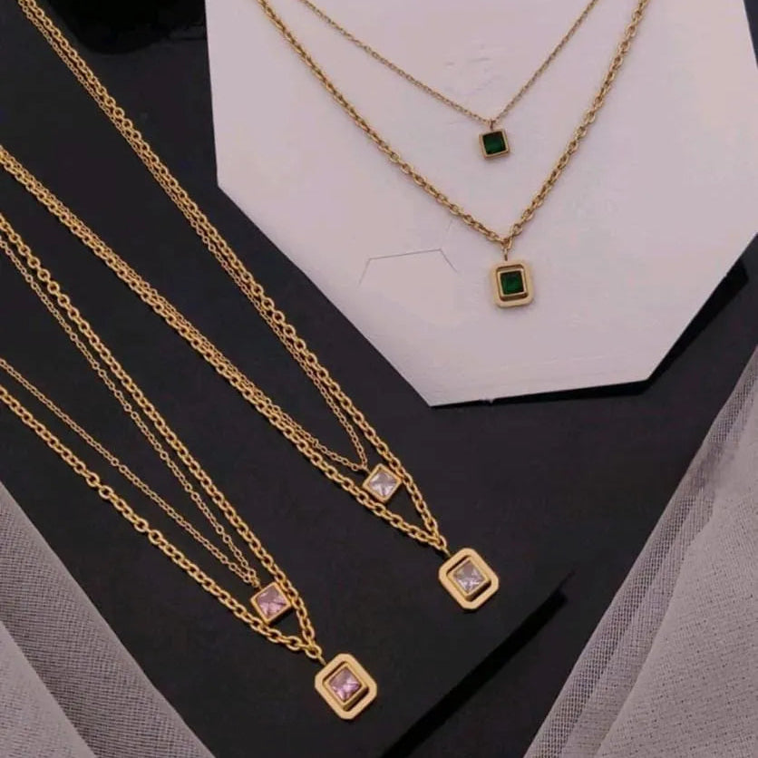 Square Gemstone Gold Necklace