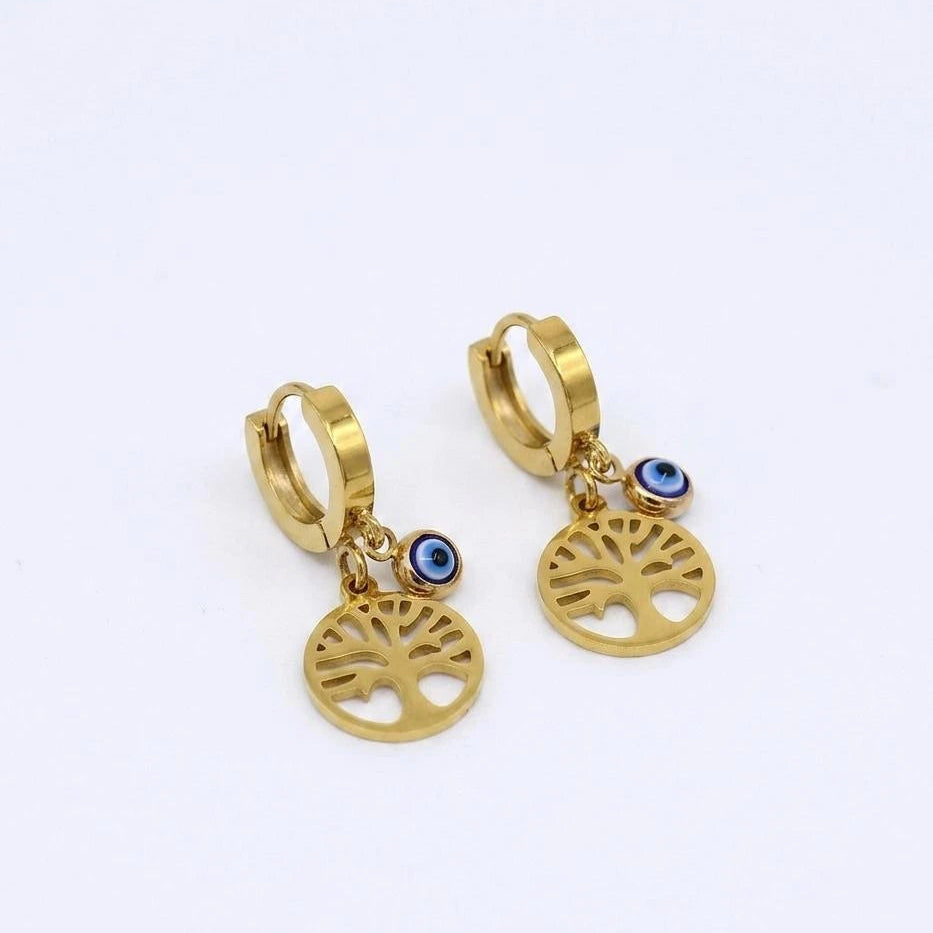 . Evil Eye Tree Charm Hoop Earrings