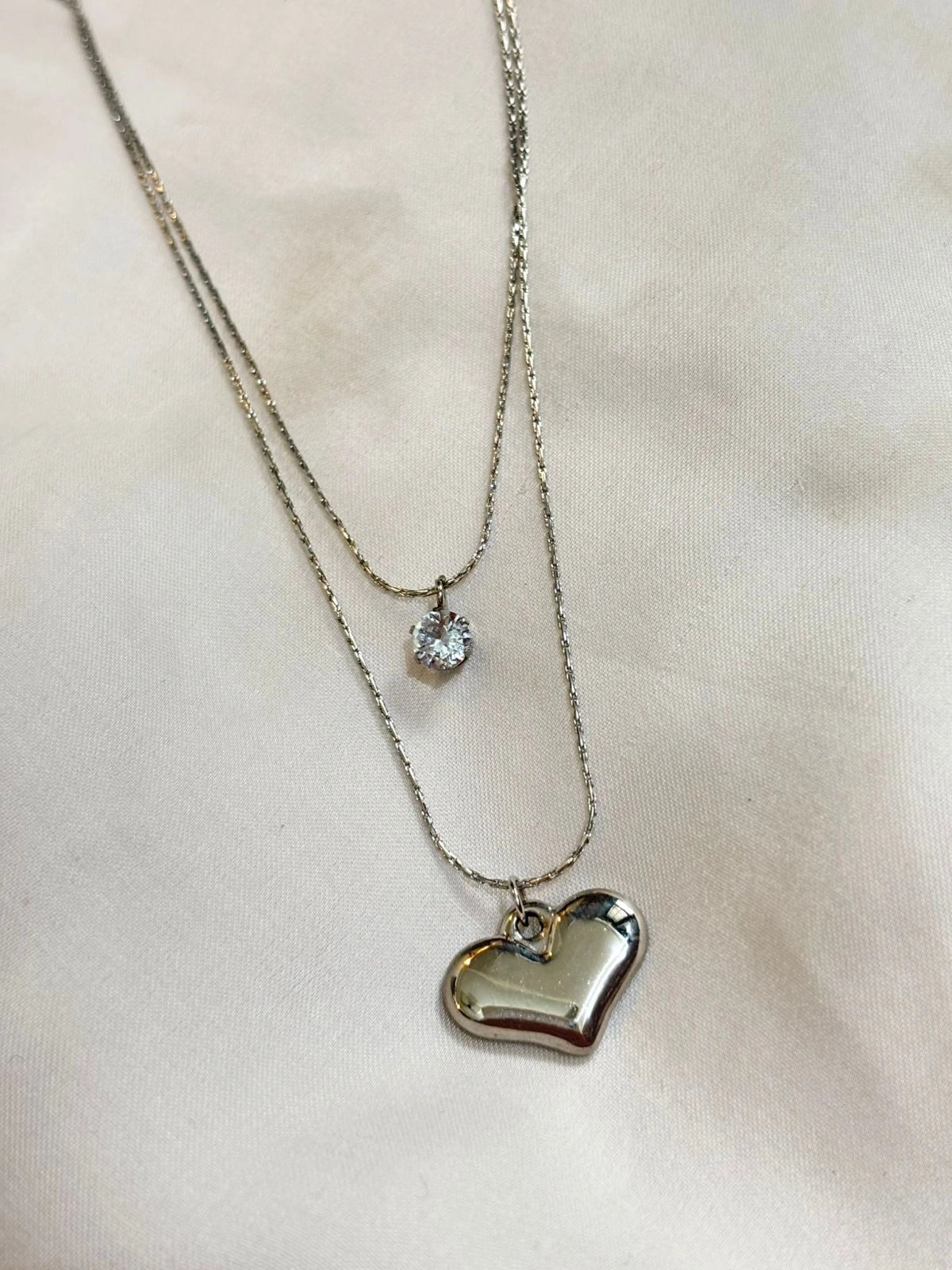 Elegant Silver-Plated Layered Heart & Crystal Pendant Necklace