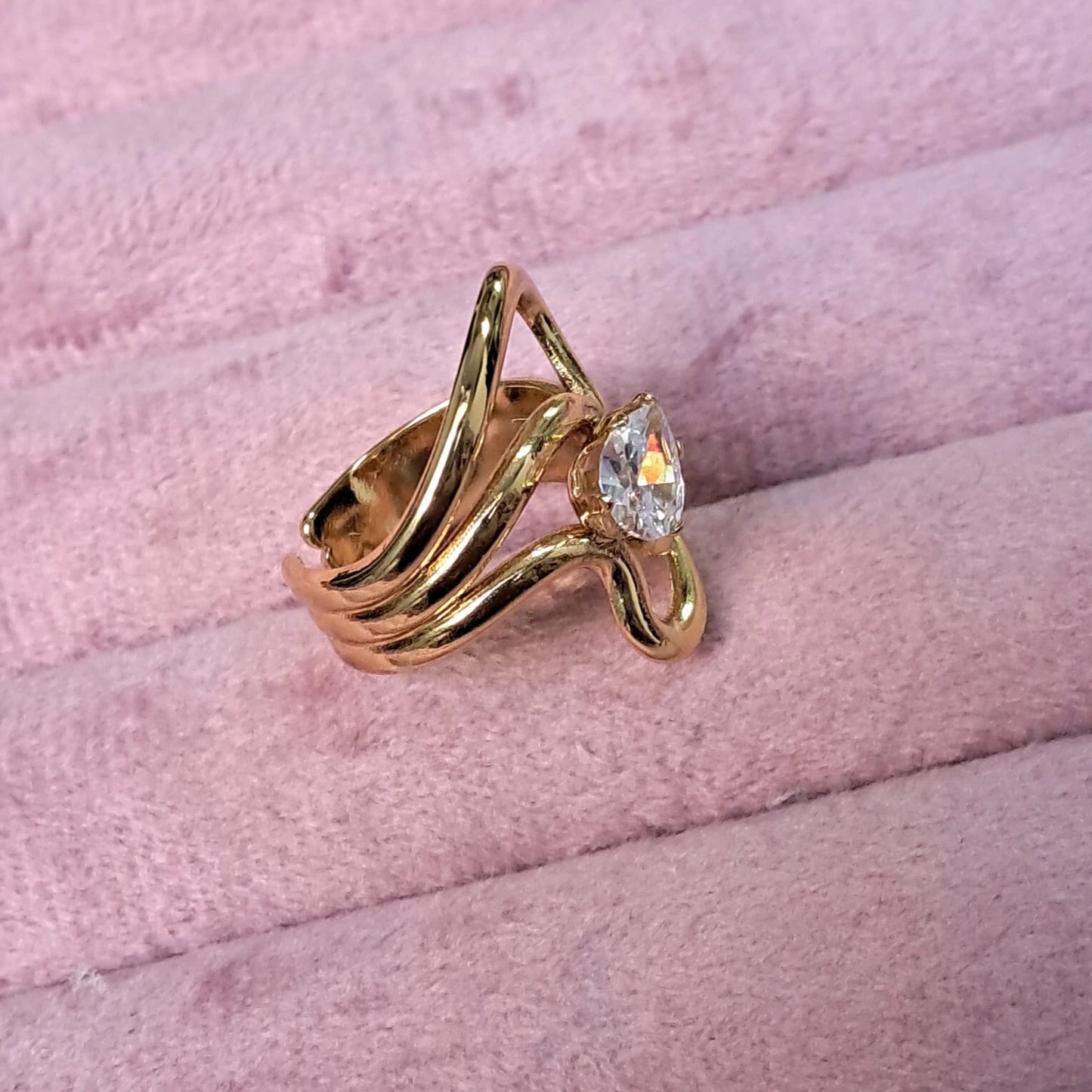 Abstract Wave Crystal Gold Ring