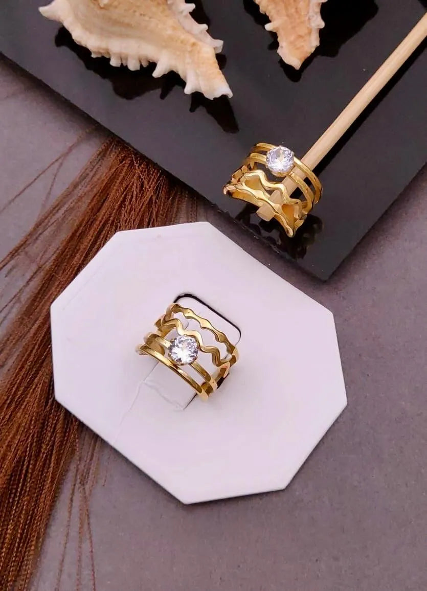 Wavy Band Designer Anti-Tarnish Ring with Solitaire