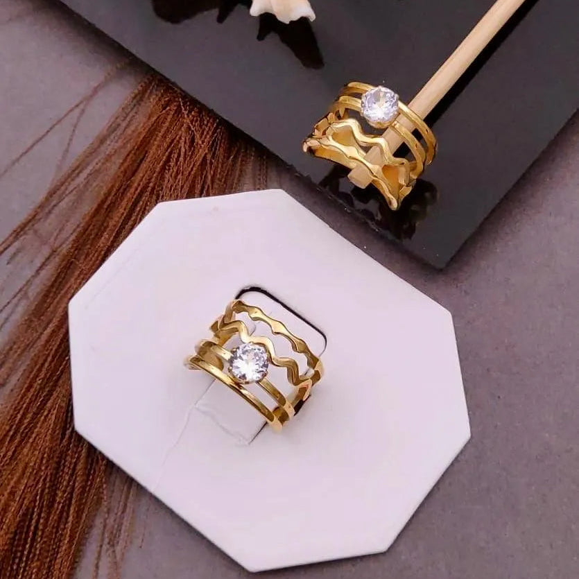 Wavy Band Designer Anti-Tarnish Ring with Solitaire