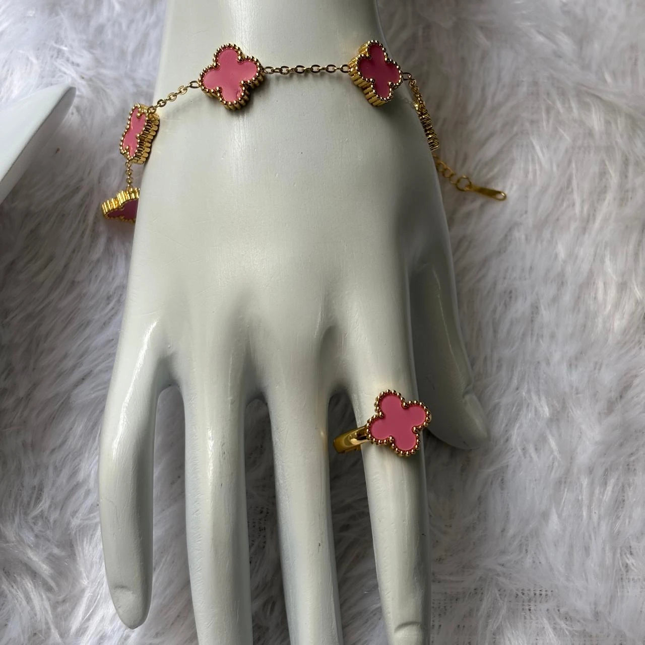 Blush Petal Clover Gold Necklace & Earring Set