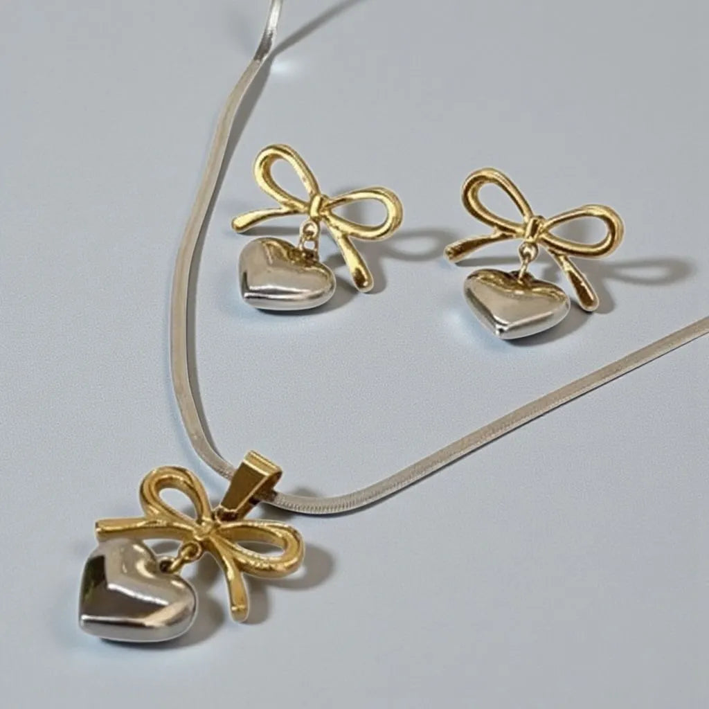Golden Bow & Silver Heart Charm Necklace & Earrings Set