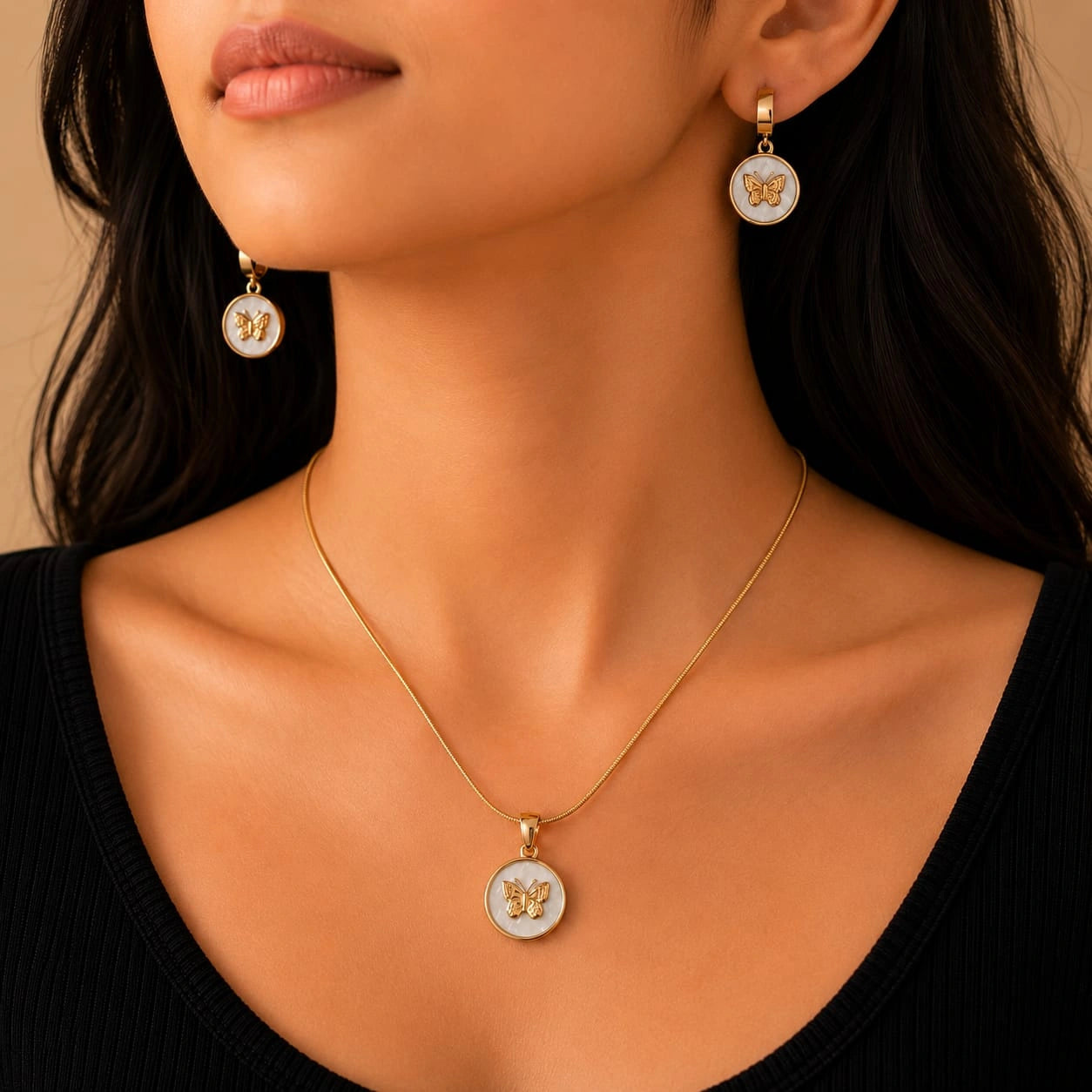 Golden Butterfly Pearl Medallion Necklace & Earring Set