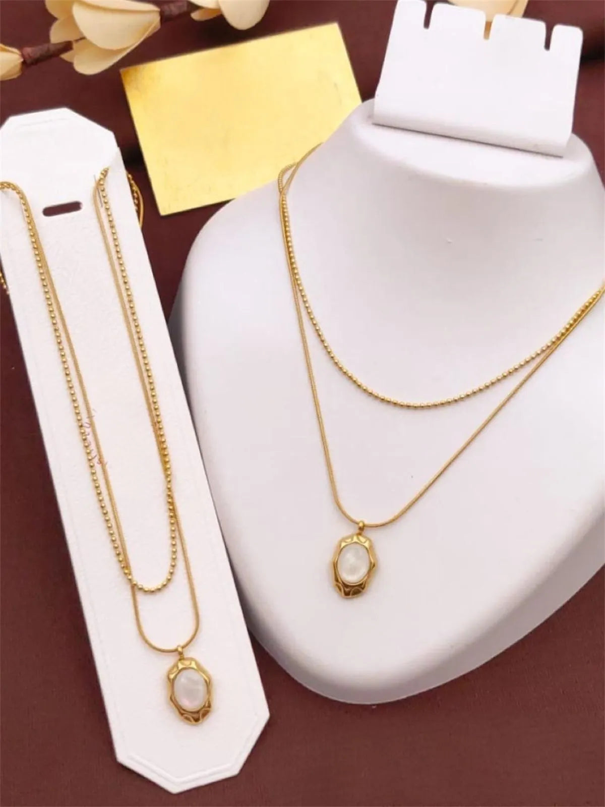 Double Chain Gold Necklace with Pearl Pendant