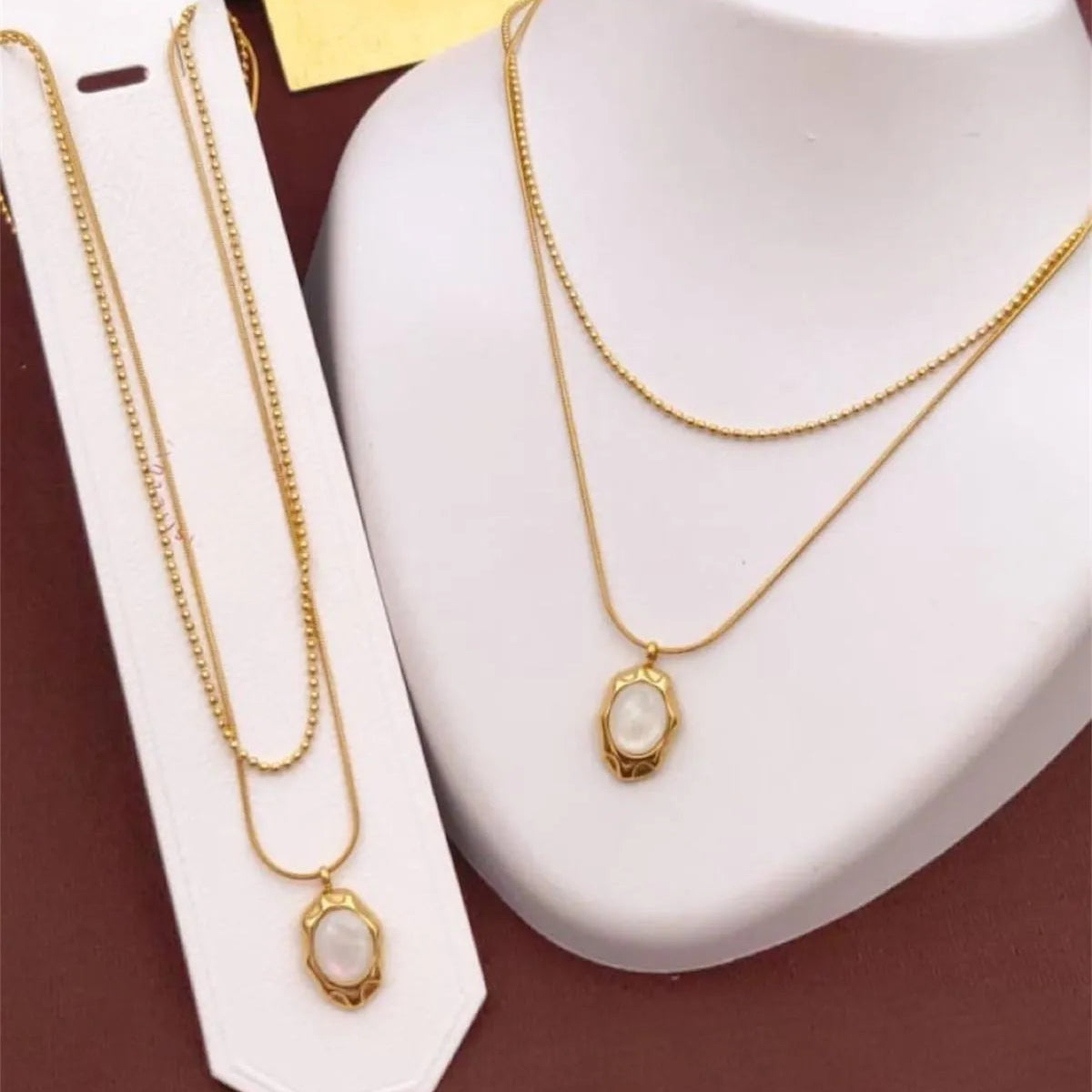 Double Chain Gold Necklace with Pearl Pendant