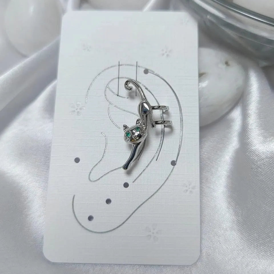 Curved Gemstone Accent Earring - Silver