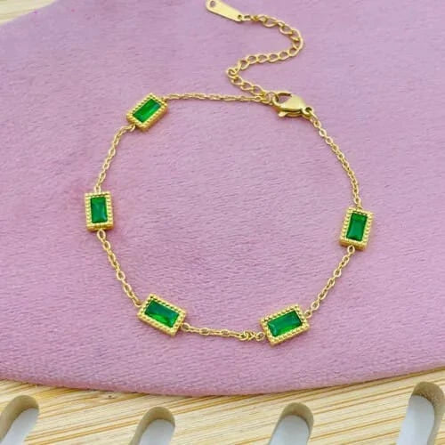 Emerald Glow Rectangular Charm Bracelet