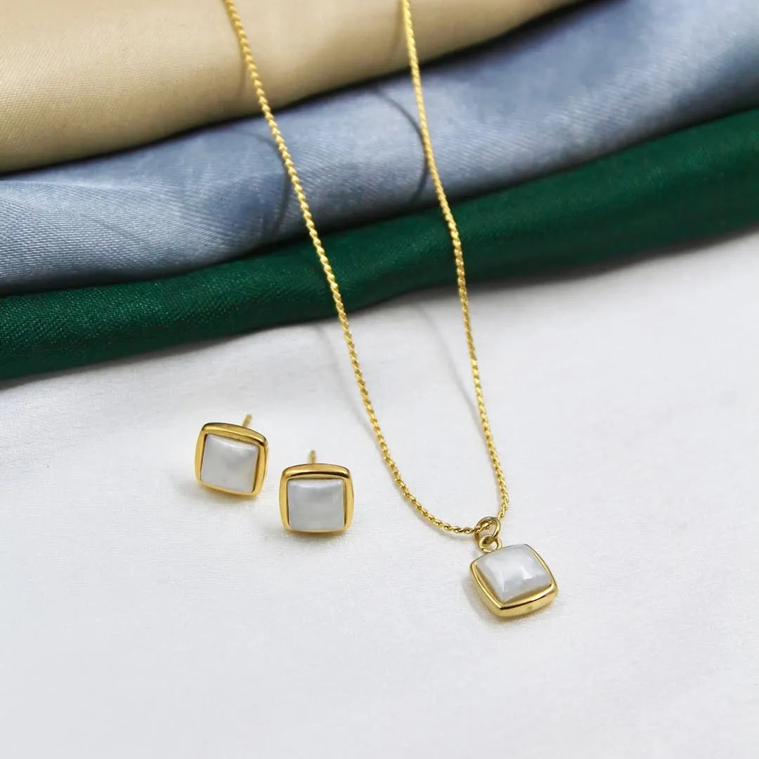Gold Square Pendant and Stud Earrings Set