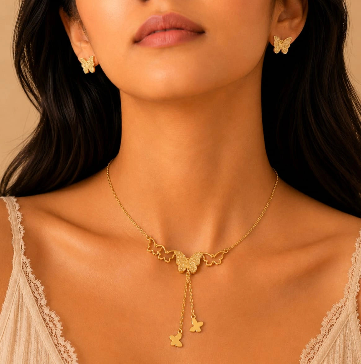 Golden Butterfly Cascade Necklace & Earring Set