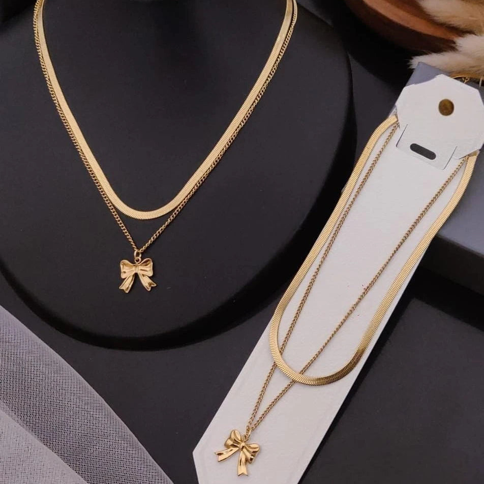 Golden Embrace Bow Layered Necklace