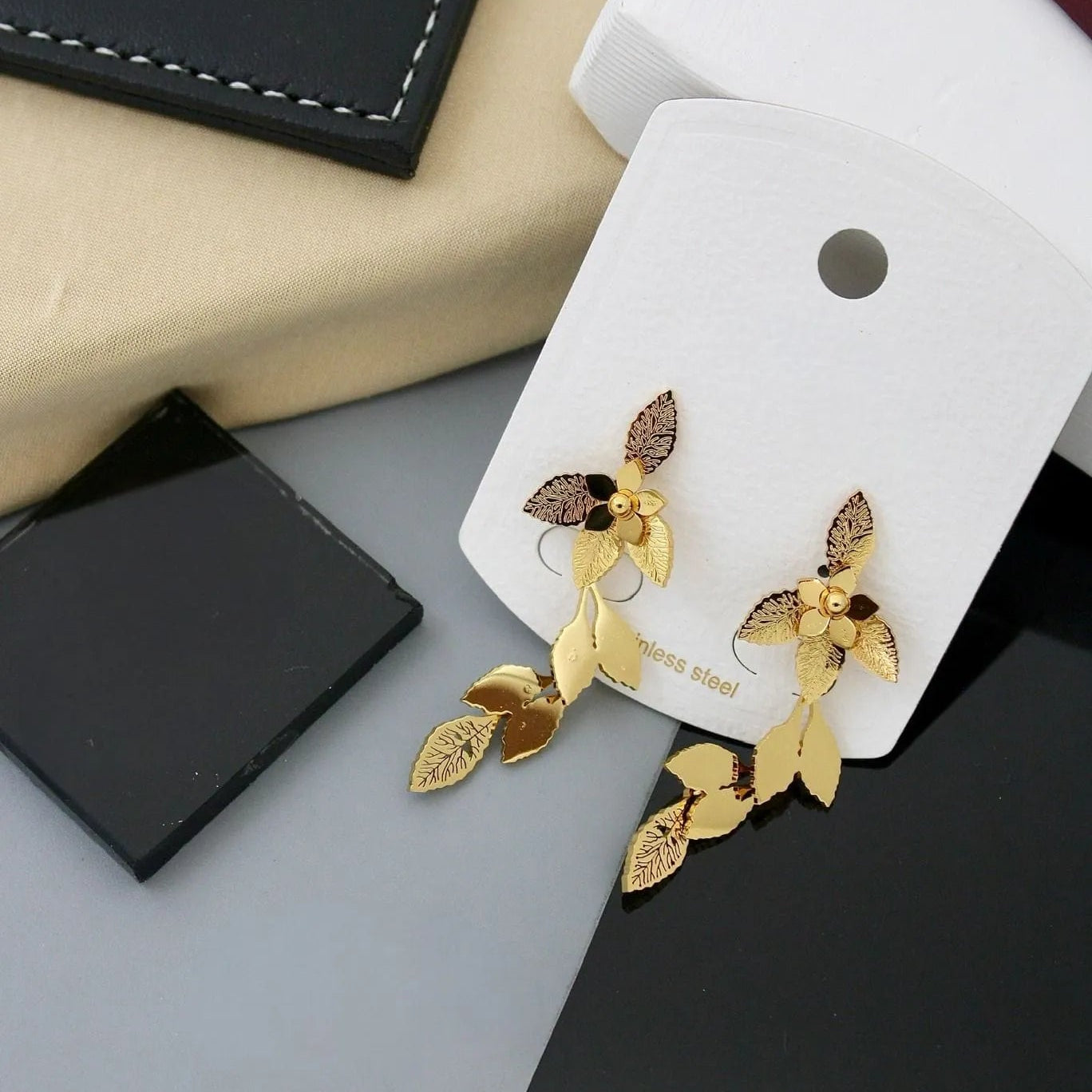 Golden Botanical Leaf Dangle Earrings