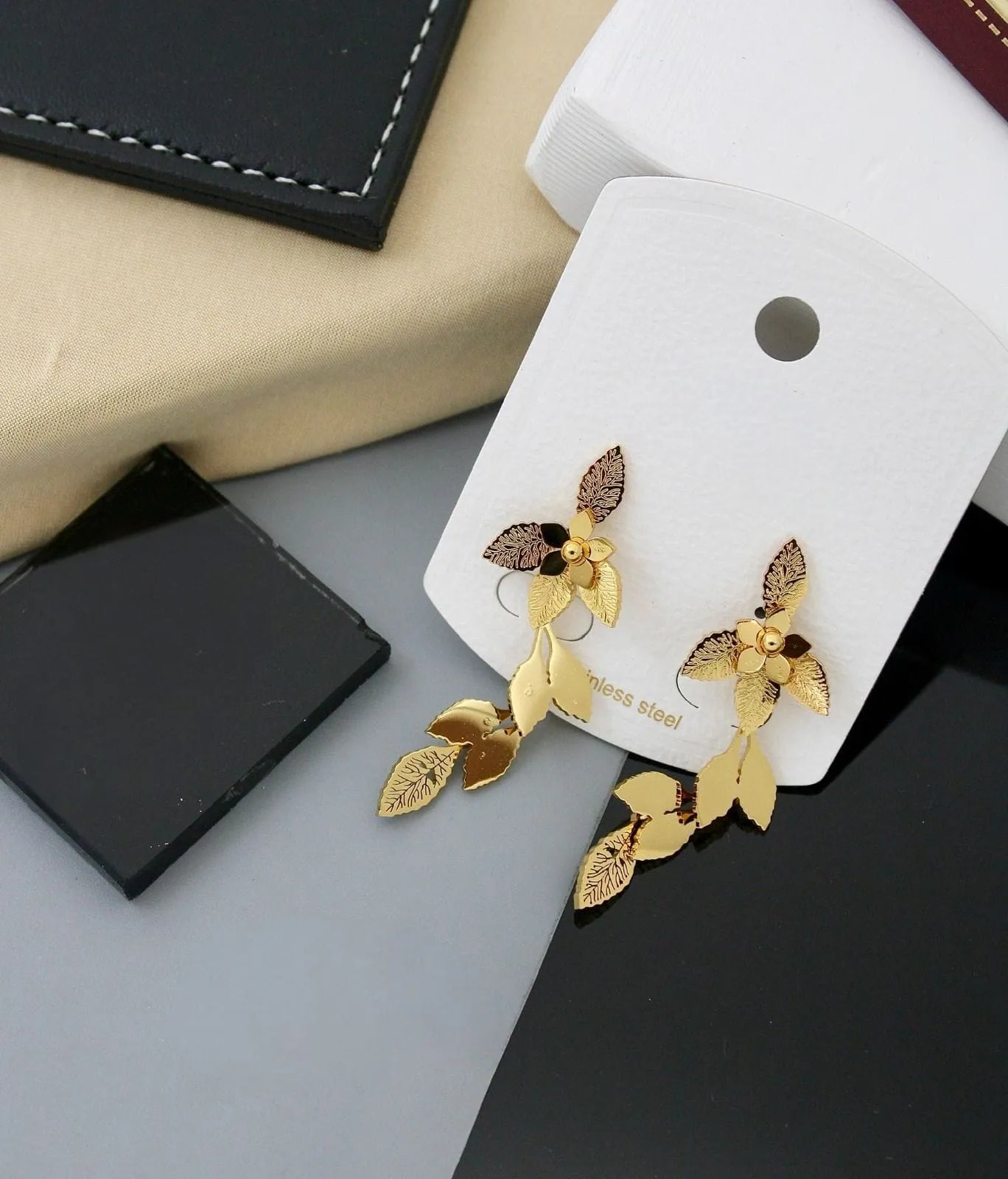 Golden Botanical Leaf Dangle Earrings