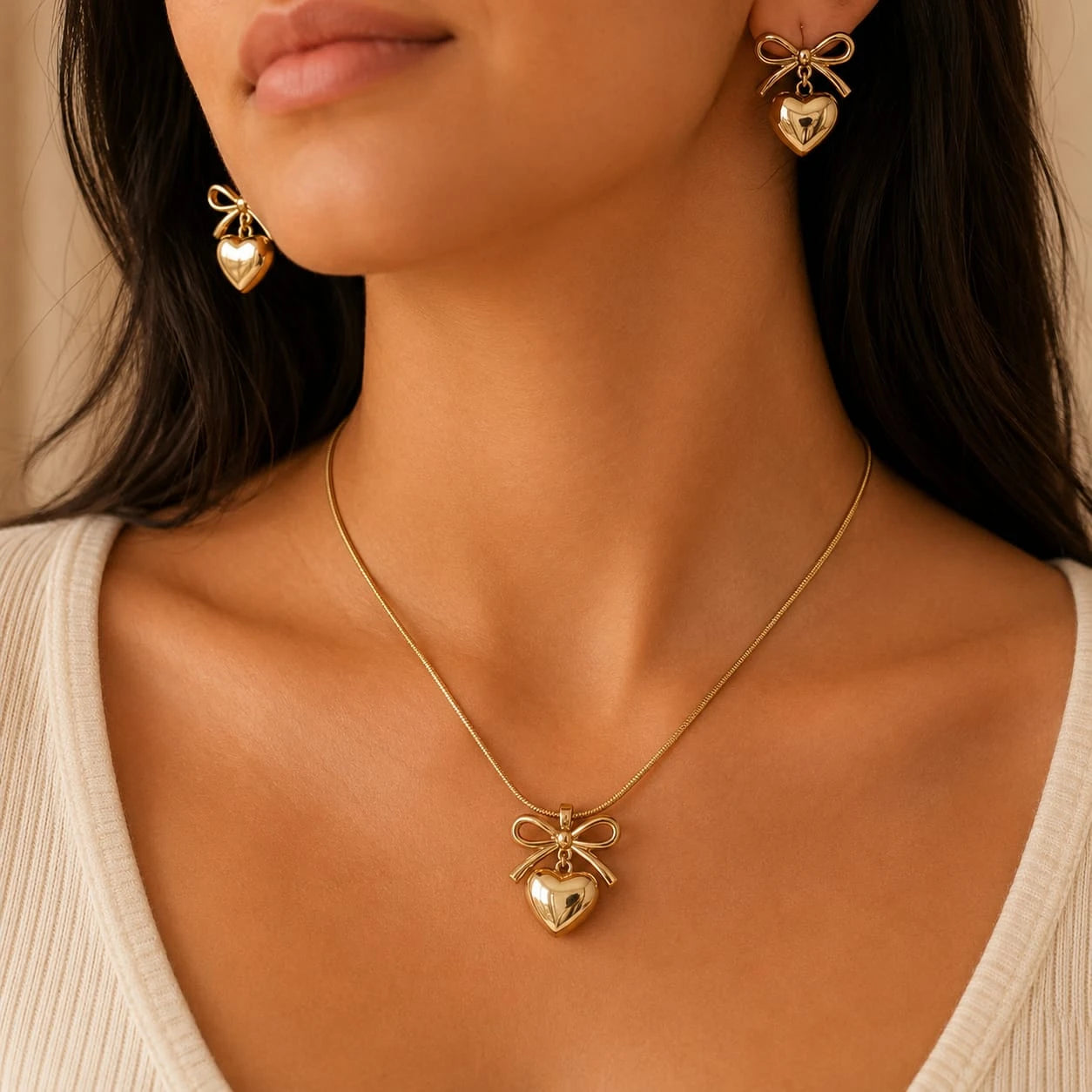 Golden Romance Bow Heart Necklace & Earring Set