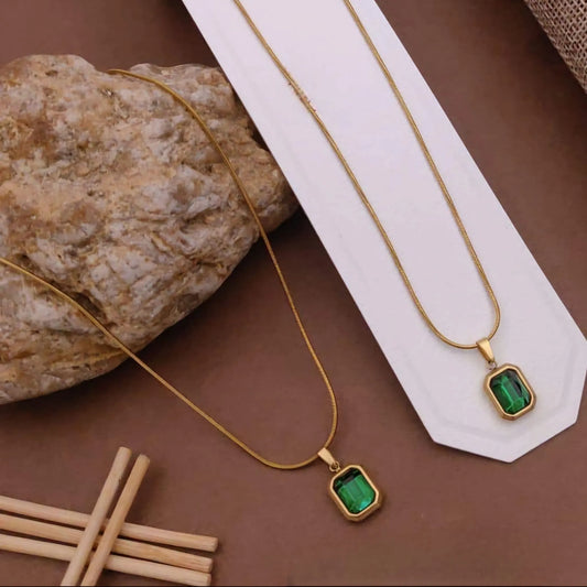 Green Gem Rectangular Pendant Necklace