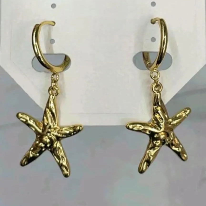 Gold Starfish Drop Hoop Earrings