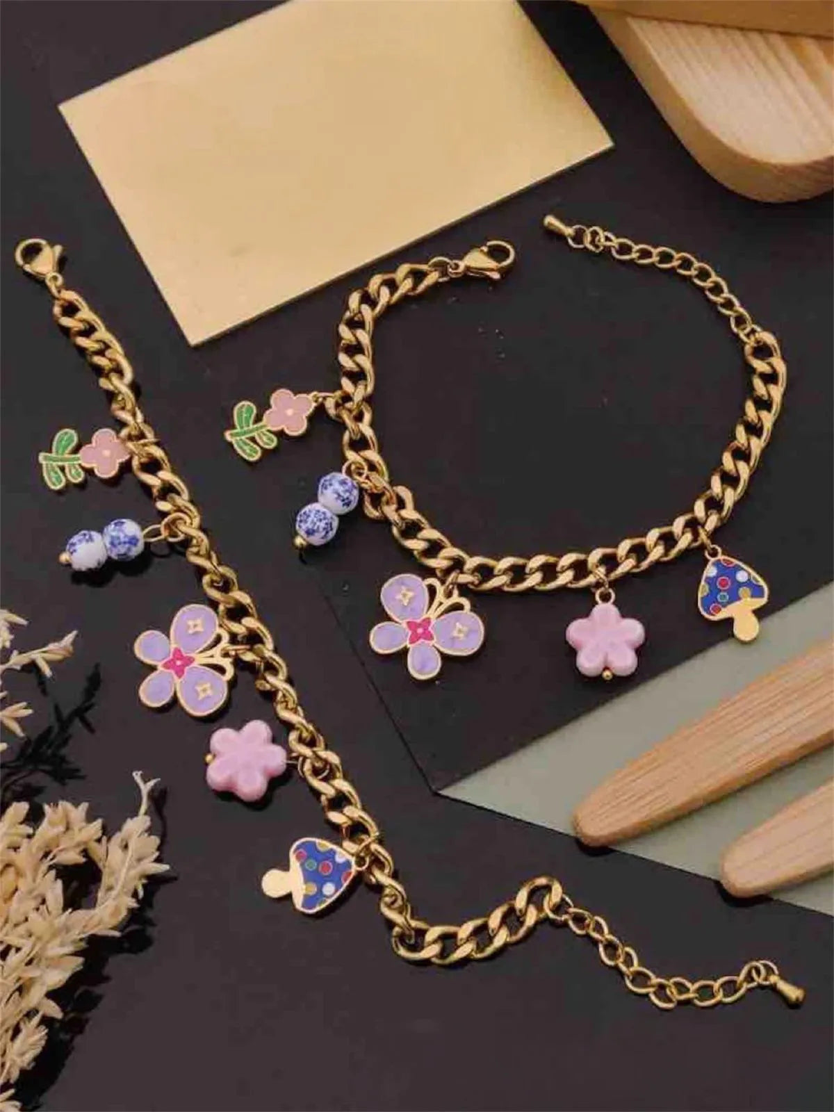 Floral & Mushroom Charm Anti-Tarnish Bracelet