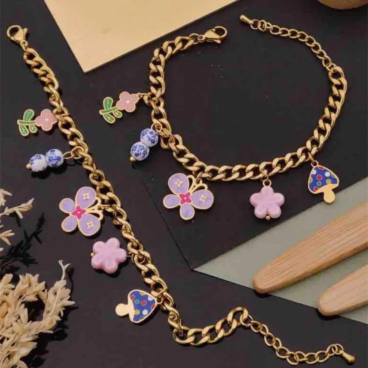 Floral & Mushroom Charm Anti-Tarnish Bracelet
