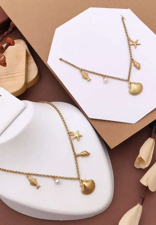 Fish Shell Starfish Gold Charm Necklace