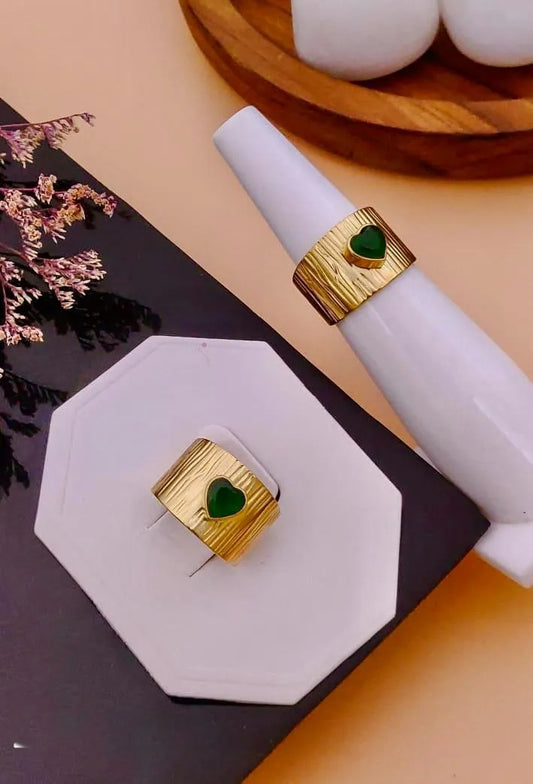 Golden Green Heart Anti-Tarnish Ring