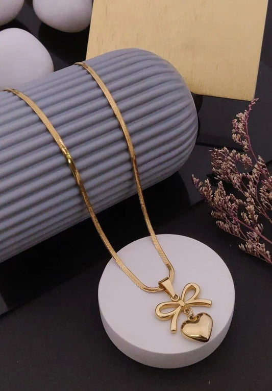 Golden Snake chain Bow Heart Necklace