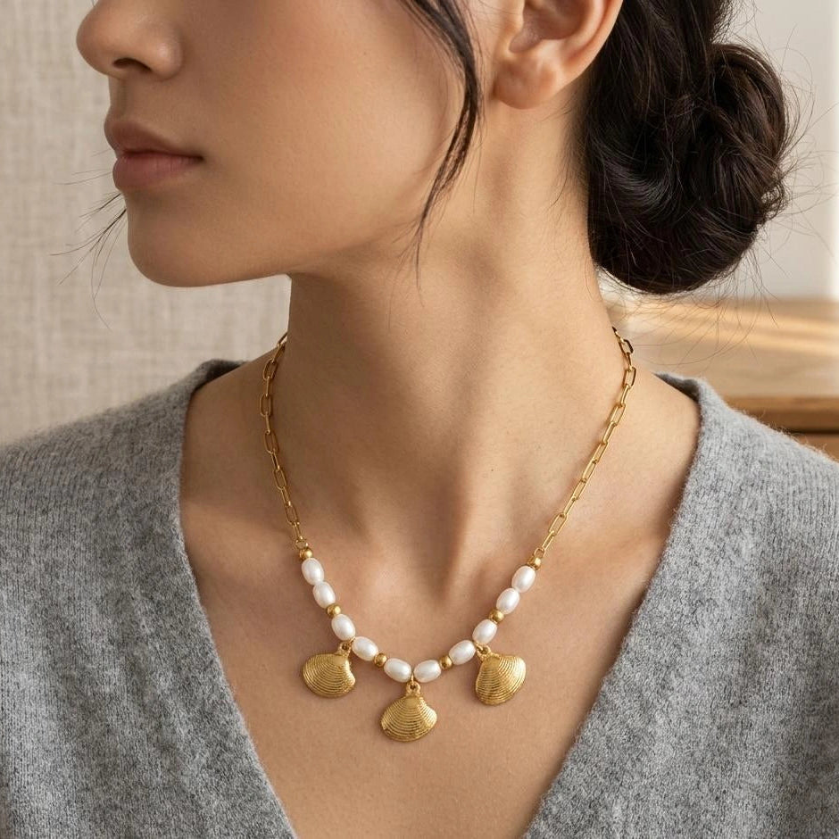 Golden Shell Pearl Charm Necklace
