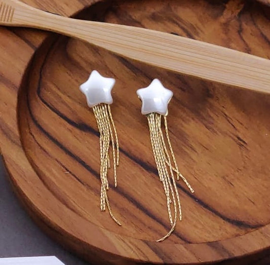Elegant Pearl Star Tassel Earrings – Gold-Plated Celestial Drop Earrings