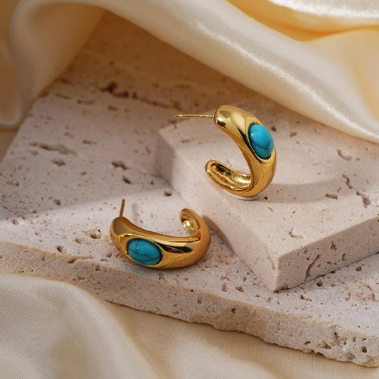 Elegant Gold-Plated Turquoise Hoop Earrings – Boho Chic Statement Jewelry