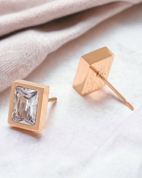 Elegant Rose Gold-Plated Baguette Crystal Stud Earrings – Timeless & Minimalist
