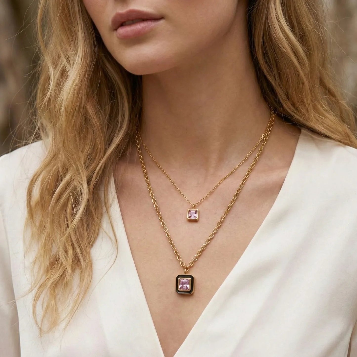 Square Gemstone Gold Necklace