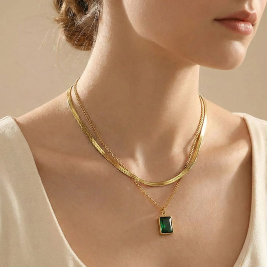 Gold-Plated Layered Necklace with Green Stone Pendant