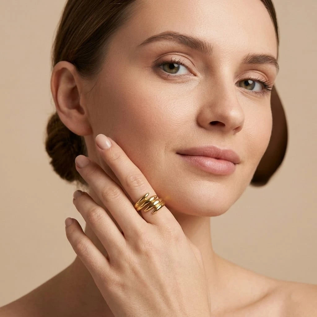 Golden Triple Spiral Wave Ring
