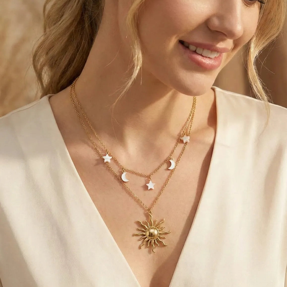 Sun Moon Gold Charm Necklace