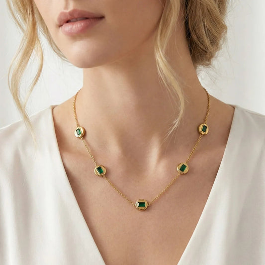 Green Square Gem Gold Necklace
