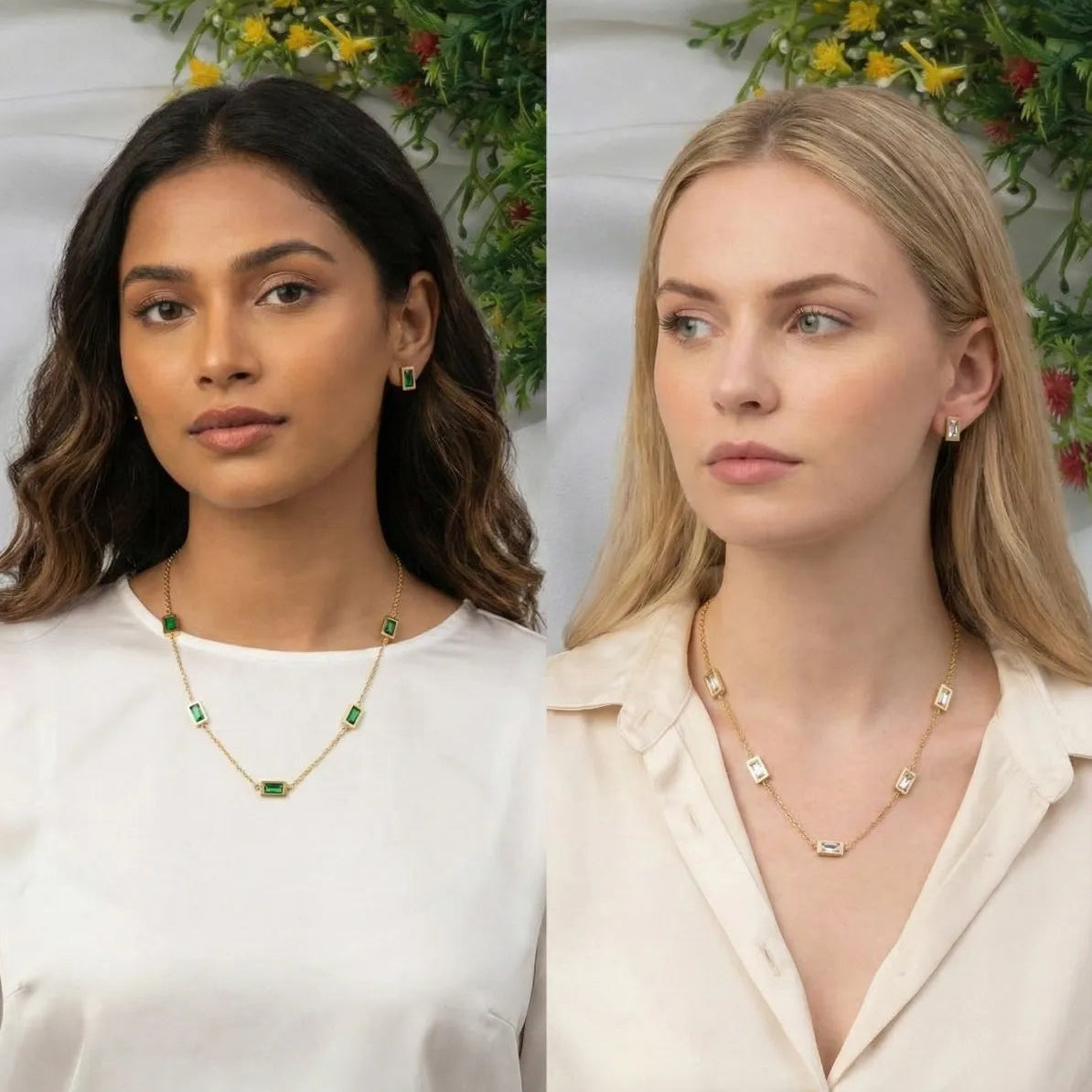 Emerald & Diamond Rectangular Necklace & Earrings Set