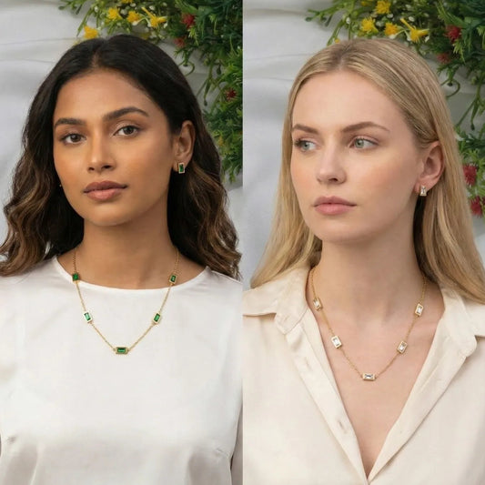 Emerald & Diamond Rectangular Necklace & Earrings Set