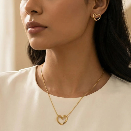 Gold Heart Necklace & Earrings Set