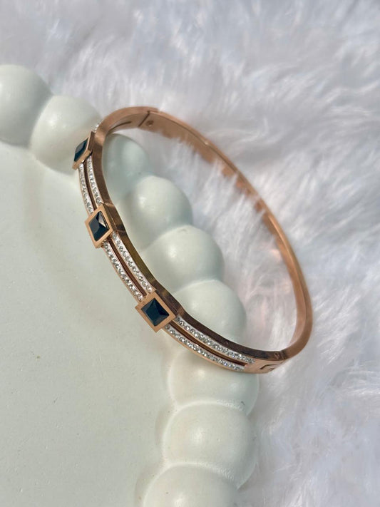 Rose Gold-Plated Black Square Stone Kada Bracelet – Elegant & Contemporary
